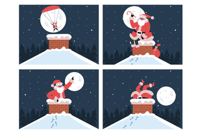 Santa Claus in chimney. Cute Santa Claus stuck in chimney and dives to