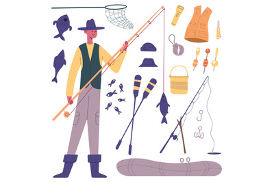 Fisherman character. Cartoon fisherman with fishing tackle, fishing ro