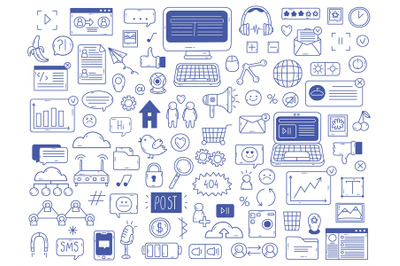 Social media doodles. Hand drawn network social media sketch symbols i