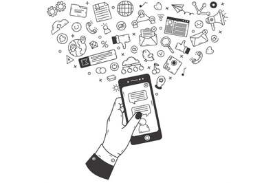 Social media concept. Doodle smartphone with communication and social