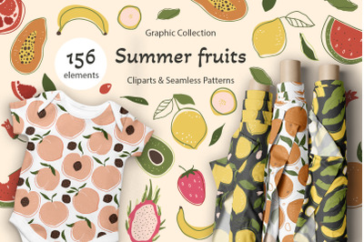 Summer fruits. Big graphic set.