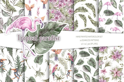 Watercolor tropical digital paper / seamless patterns