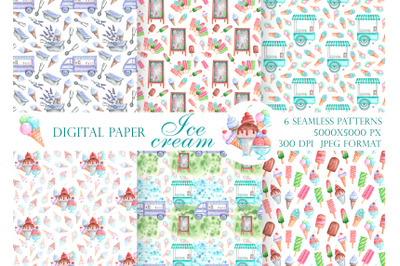 Ice cream watercolor seamless pattern. Ice cream digital paper.