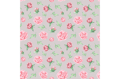 Pink flowers watercolor seamless pattern. Peonies, roses, leaves