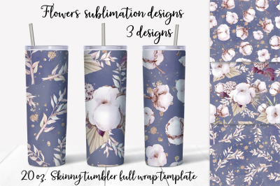 Cotton Flowers sublimation design. Skinny tumbler wrap design.