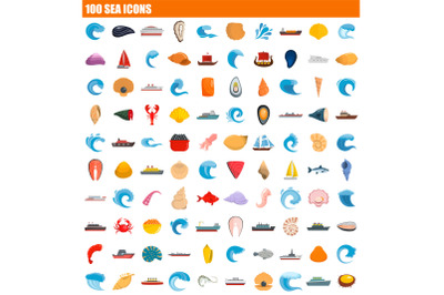 100 sea icon set, flat style