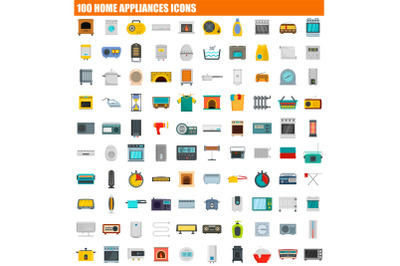 100 home appliances icon set, flat style