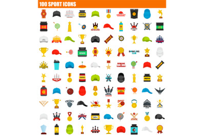 100 sport icon set, flat style