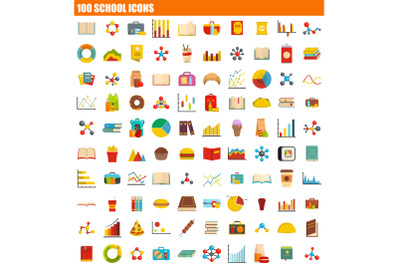 100 school icon set, flat style