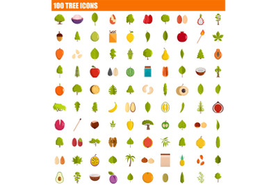 100 tree icon set, flat style