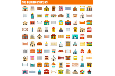 100 buildings icon set, flat style