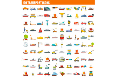 100 transport icon set, flat style