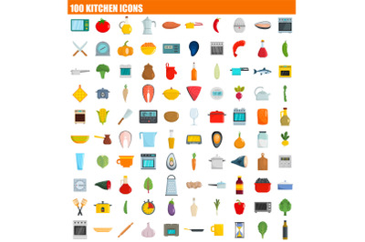 100 kitchen icon set, flat style