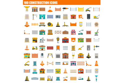 100 construction icon set, flat style