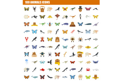 100 animals icon set, flat style