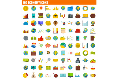 100 economy icon set, flat style