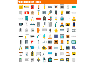 100 electricity icon set, flat style