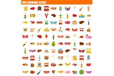 100 carnival icon set, flat style