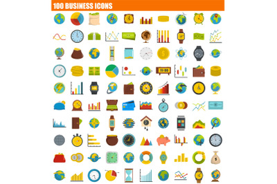 100 business icon set, flat style