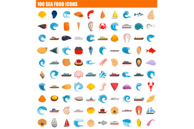 100 sea food icon set, flat style