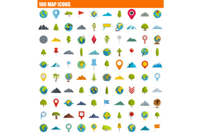 100 map icon set, flat style