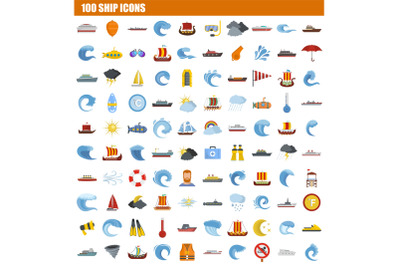 100 ship icon set, flat style
