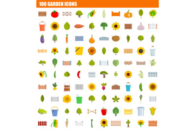 100 garden icon set, flat style