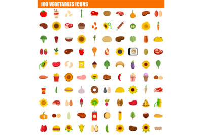 100 vegetables icon set, flat style
