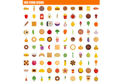 100 food icon set, flat style