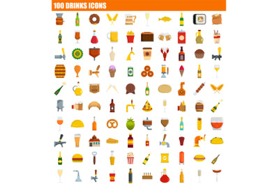 100 drinks icon set, flat style