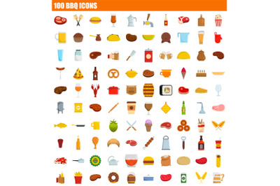 100 bbq icon set, flat style