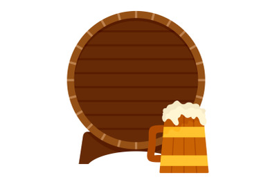 Wood barrel and beer mug icon, flat style
