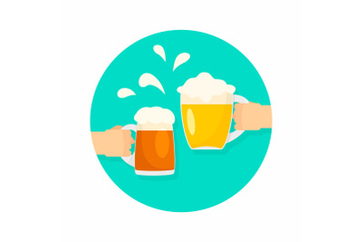 Two hands of beer glasses background, flat style