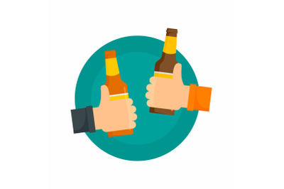 Two hands and beer bottles background, flat style