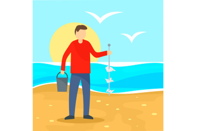 Man take garbage from sea beach background, flat style
