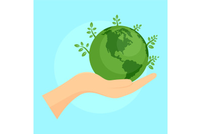 Green planet in hand background, flat style