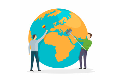 Men clean the planet background, flat style