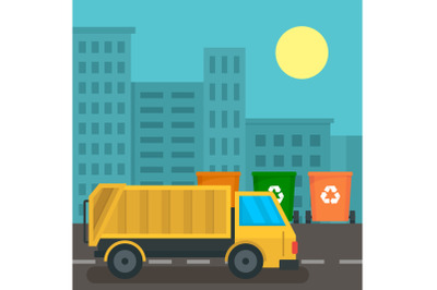 Garbage truck in city concept background, flat style