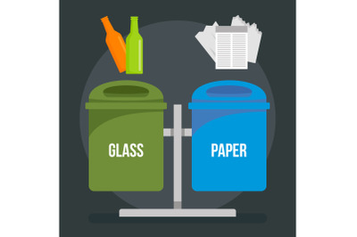 Glass paper trash bin concept background, flat style