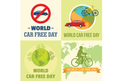 World car free day walking banner set, flat style