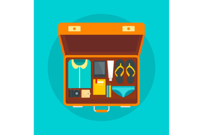 Suitcase ready for sea concept background, flat style