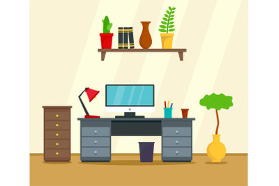 Computer work place concept background, flat style