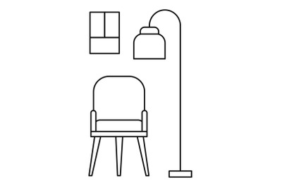 Chair and room lamp icon, outline style