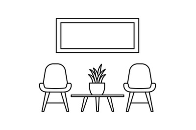 Chair and room plant icon, outline style