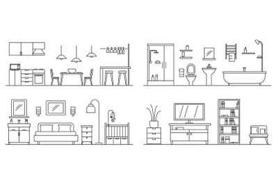 House interior banner set, outline style