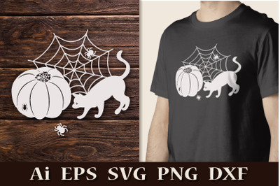 Pumpkin, cat and spiders. SVG.