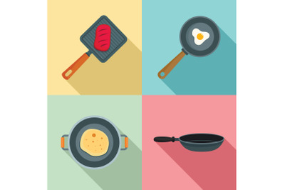 Hot griddle chef icon set, flat style