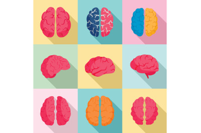 Genius brain icon set, flat style