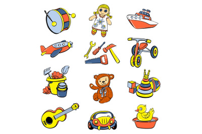 Kid toys children icons set, cartoon style