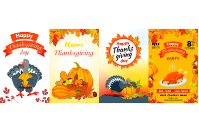 Happy Thanksgiving day banner set, cartoon style